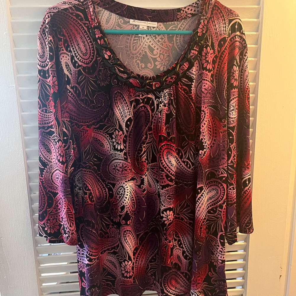 JM Collection Pink & Purple Paisley Scoop-Neck Long Sleeve Top